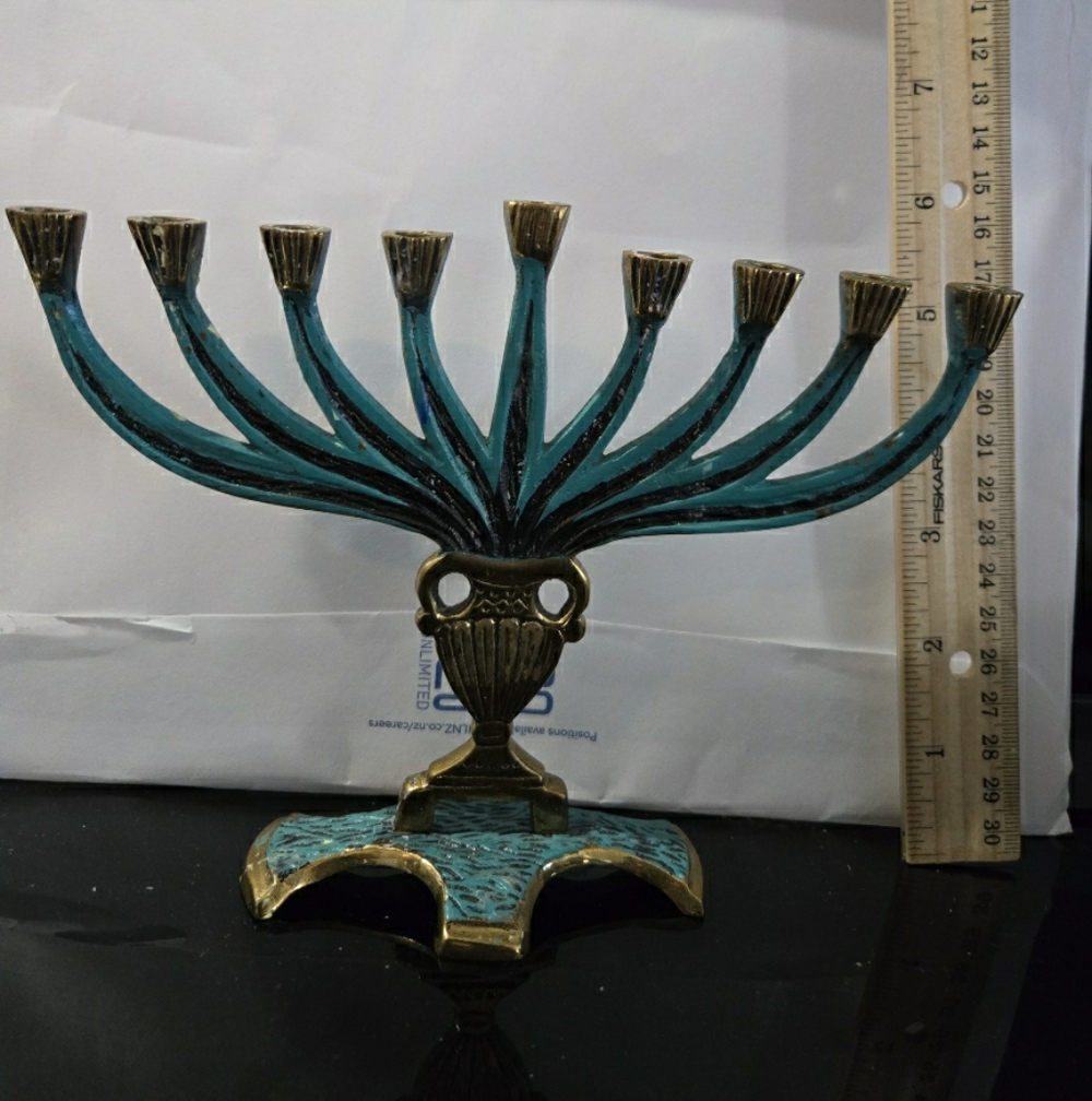 Elegant Teal and Brass Menorah